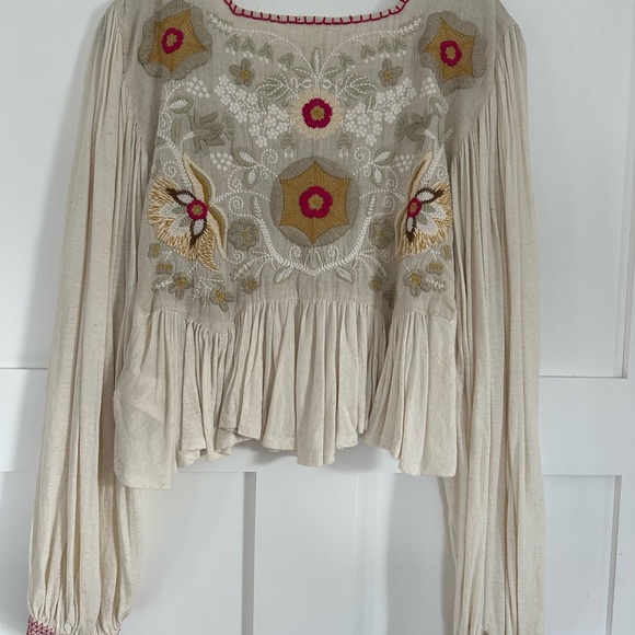 Free People Cream Peasant Blouse with Pink & Gold Embroidery - Picture 2 of 3